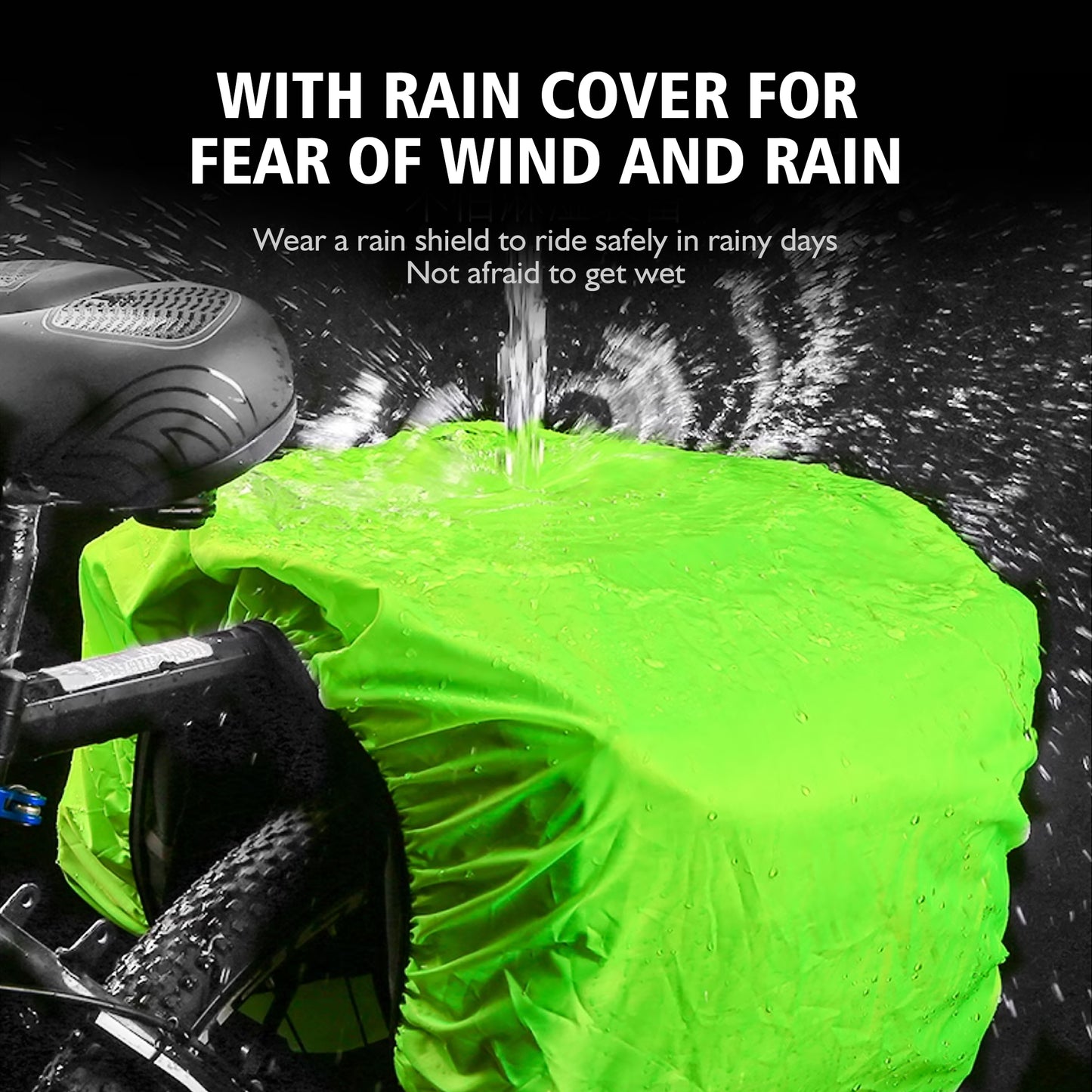 Green rain cover for bike pannier bag, provides weather protection and visibility.