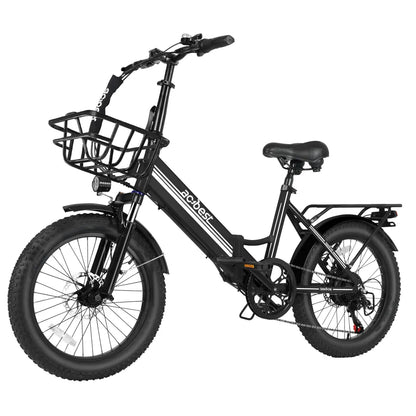 Black folding electric bike with fat tires, front basket, and rear rack for convenience.