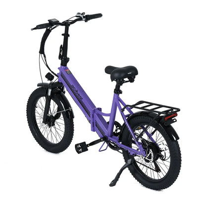 Purple folding electric bike with rear rack, fat tires, and 750W motor for versatile use.