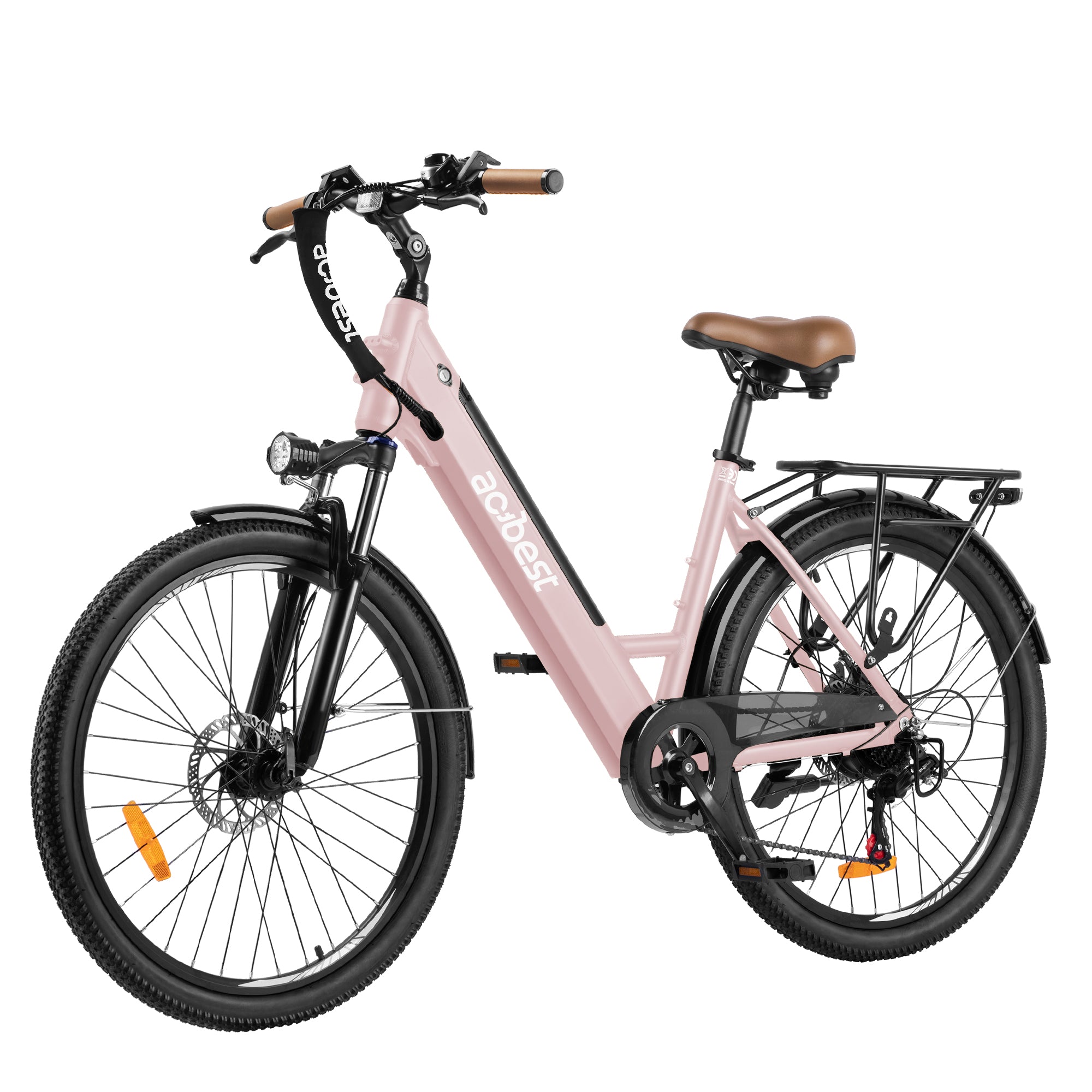 Light pink Core City Commuter Electric Bike with brown saddle and rear rack.