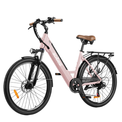 Light pink Core City Commuter Electric Bike with brown saddle and rear rack.