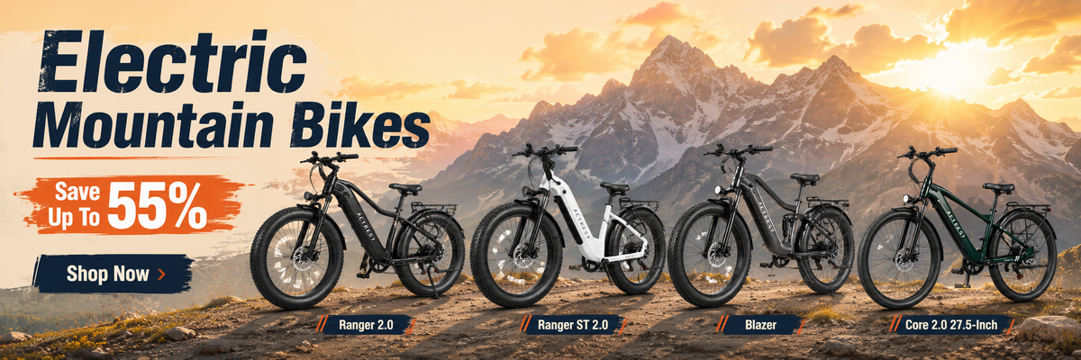 Electric mountain bikes displayed on a mountainous landscape with promotional text.