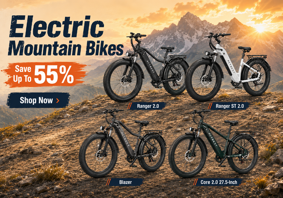 Electric mountain bikes displayed on a mountainous landscape with promotional text.